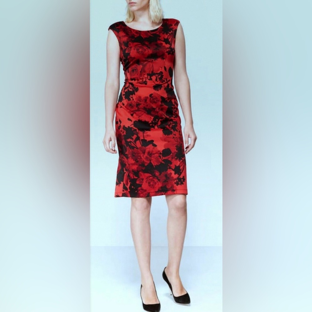 connected apparel Red and Black Floral Sheath Dress